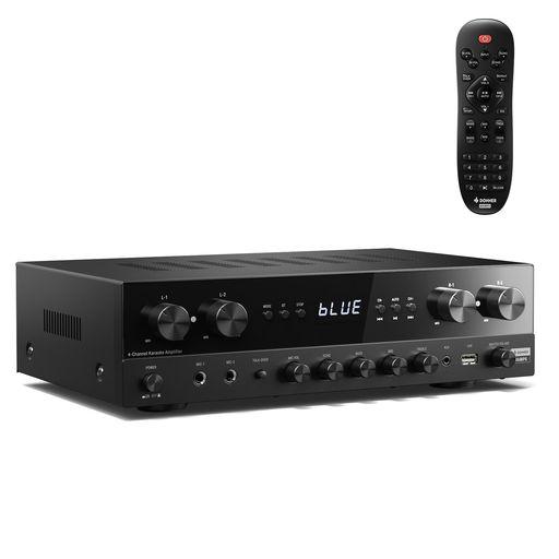 DONNER パワーアンプ、オーディオアンプ BLUETOOTH 5.0、USB、FM、2マイクイン、エコー、RCA、家庭用ファイバー/同軸入力付きプレミアム1000W最大出力4チャンネルアンプ、カラオケ、シアタース…