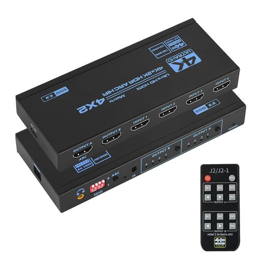 HDMIマトリックス 4入力2出力 HDMI 2.0B、HDCP 2.2、HDR10、4K @ 60HZ、EDID2.2、ULTRA HD、3D、ARC HIFI対応 IRリモコン付き