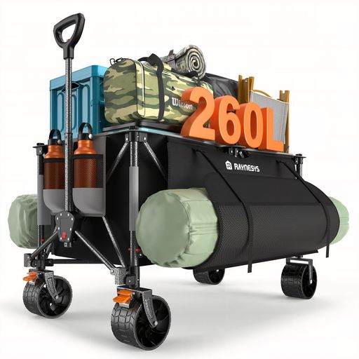 RAYNESYS キャリーワゴン 特大容量260L 高耐荷重200KG 【長物対応？サイトポケット付き】キャンプカート アウトドアワゴン 折り畳み式 ワンタッチ収束式 自立収納 静音 ブレーキ付き 子供乗せ… 8,362円