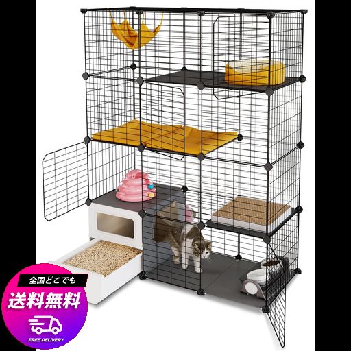 TOPZOO 猫 ケージ トイレ付き 高さ143×幅107×奥行き45CM トイレ一体型 防臭 飛散軽減 3段 引き出し スコップ付き 掃除しやすい キャットケージ 組立簡単 猫用ケージ 大型 幅広 多頭飼い 脱走防…