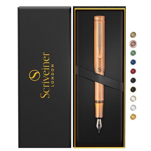 SCRIVEINER 高級EDC万年筆(中字)、見事なブラスポケットペン、手磨きつや消し銅仕上げ、SCHMIDT社製ドイツペン先変換、男性女性への最高の筆記具ギフトセット、素敵なデザイナーペン