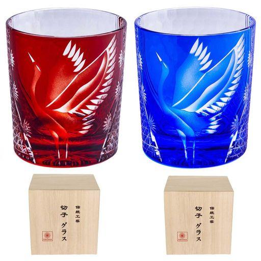 FONYUHUA 切子 グラス ロックグラス ペア おしゃれ 鶴 菊つなぎ 文様 桐箱入り お酒 日本酒 ビール ウイスキー グラス お祝い 還暦祝い 母の日 父の日 結婚祝い プレゼント ギフト 贈り物 人…