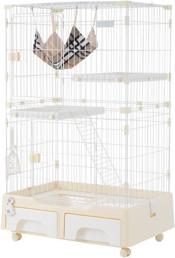 【一体型】 OSJ 猫 ケージ キャットケージ 2段 猫トイレ付き キャスター付き ハンモック 梯子付き 引き出し 収納 猫ゲージ 多頭飼い 大型 脱走防止 おしゃれ イエロー