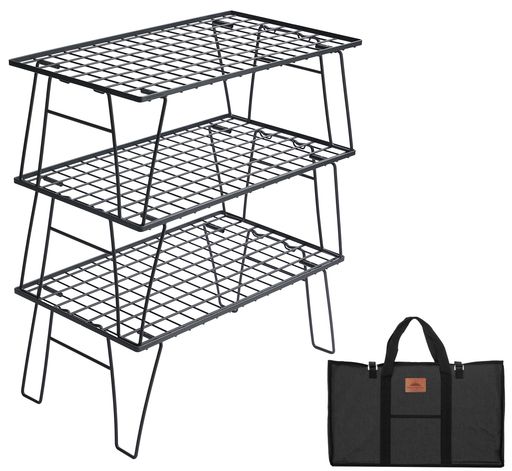 キャンピングムーン(CAMPING MOON) フィールドメッシュラック キャンプ ラック ブラック 軽量 薄型 3点セット 収納付き T-235-3T