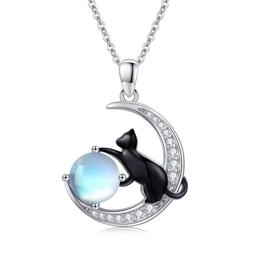 [STORYMIDIR] ねこ ネックレス ムーンストーン ネコ ペンダント シルバー925 金属アレルギー対応 クロネコ 可愛い ペンダント 月 アニマル 黒猫 チェーン付き 45+5CM アジャスター ネコ アクセサ…
