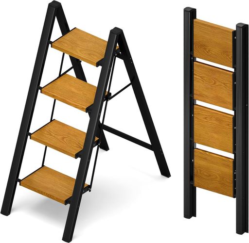 MERDIVEN 幅広ステップ 脚立 4段 超軽量アルミ製 折りたたみ式 耐荷重150KG 滑り止め付き 省スペース収納 室内外対応 踏み台 のあるブラック&ウッドデザイン