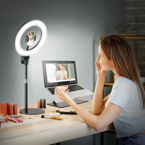 【ライト・ZOOM・ビデオ会議・テレワーク用】リングライト 卓上スタンド 高さ調整可能 3色モード・10段階調光 1500ルーメン USB給電 美肌ライト・美容・配信・オンライン授業対応