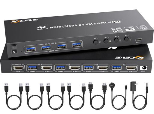 KCEVE HDMI USB3.0 KVMスイッチ 4入力1出力、4K@60HZ対応 EDIDエミュレーション搭載、USB3.0ポート×4、4台PCと1台モニター切替、キーボード マウス共有、ドライバー不要、手元スイッチ付き