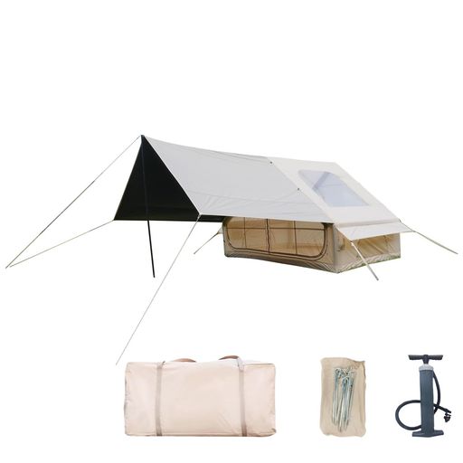 3-5人用 充気式キャンプテント、6.3M2・ワンタッチ設営・300D 前室付きエアーテント, 単門&大天窓付き、防水オックスフォード布、手動エアポンプ&地釘&収納バッグ付き (カーキ色 KHAKI)
