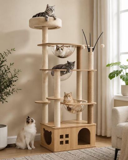 MDPETPOPS「2025年の新スタイル」キャットタワー 木製 シニア猫 太った猫 短足猫 子猫向け 3個透明ボウル ハンモック宇宙船付き 多頭飼い 人気 据え置き 爪とぎ人気おもちゃ猫タワーねこ…
