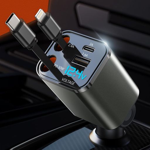 HTRAHY【小型&新登場】車 充電器 巻き取り式 カーチャージャー 急速