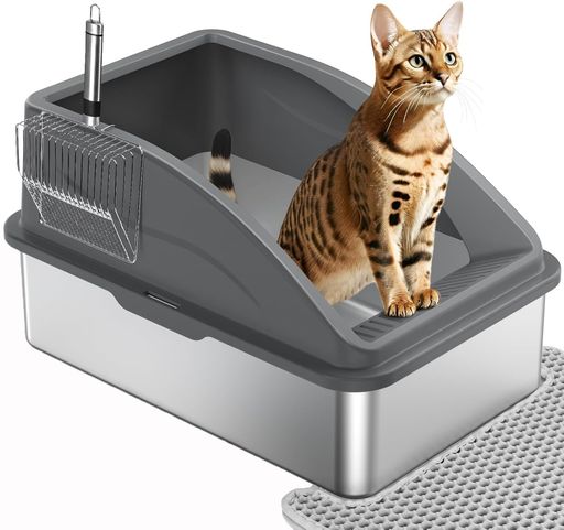 DUDULIFE ステンレス鋼製 大型猫用トイレ 半密閉式 2 合 1 金属製スコップ付き 飛び散り防止 漏れ防止 掃除しやすい 猫用マット付き お手入れ簡単