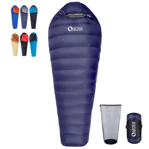 QEZER 寝袋 ダウン マミー型 600FP 四季対応 オールシーズン 快適温度-24°C~20°C 超軽量 コンパクト 収納ケース付き 連結可能 6色展開 キャンプ 登山 車中泊 防災 アウトドア緊急用