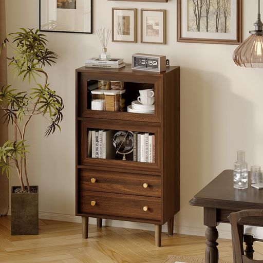 VORIN 幅60 木製ガラスキャビネット 上段ディスプレイ扉付き スリムサイドボード 引き出し収納 リビング・キッチン・寝室対応 北欧ナチュラル おしゃれ収納ラック