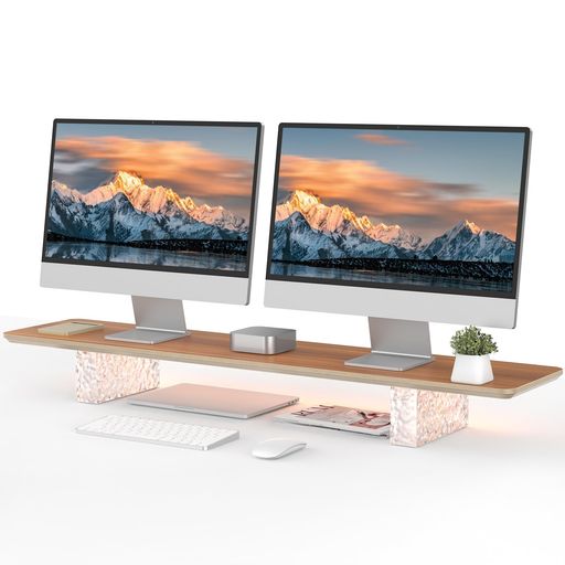 FENGE モニター台 卓上 デスクシェルフ モニタースタンド 机上台 無垢材製 テープライト付き パソコン台 机上ラック 108CM横幅木製天板 ガラス製レンガ脚 デスクトップ用 机上 机上台 PCモニ…