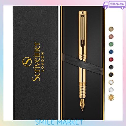 SCRIVEINER ゴールドメッキ万年筆(中字)、受賞歴のある高級ペン、ゴールド仕上げの重厚なポケットペン、シュミットニブ、コンバーター付き、男性および女性向けの最高のEDCライティング…