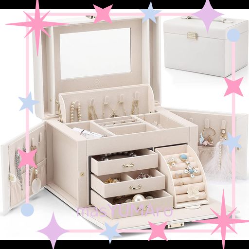 VLANDO ジュエリーボックス 誕生日プレゼント 収納 アクセサリーケース 大容量の宝石箱母の日スウィートなプレゼント ミラー 鏡付き ピアス ネックレス 指輪 リング アクセサリー 指輪置…