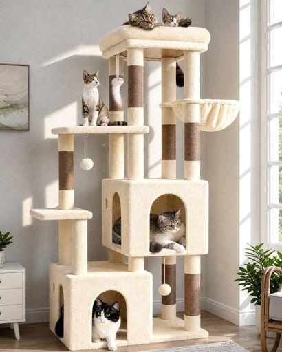 GLOBLAZER キャットタワー 大型猫用 多頭飼い 据え置き 多機能 付き ハンモック 見晴台 強い安定性 簡単に登れる ベージュ F61