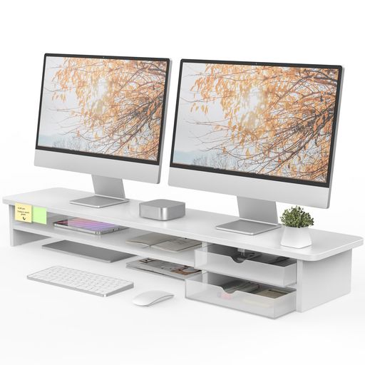 FENGE モニター台 卓上 モニタースタンド パソコン台 机上台 2段 108CM 引き出し 木製 アクリル製 白 PCモニター台 ディスプレイ台 机上ラック 卓上収納 PC台 G04K2101A (ホワイト)