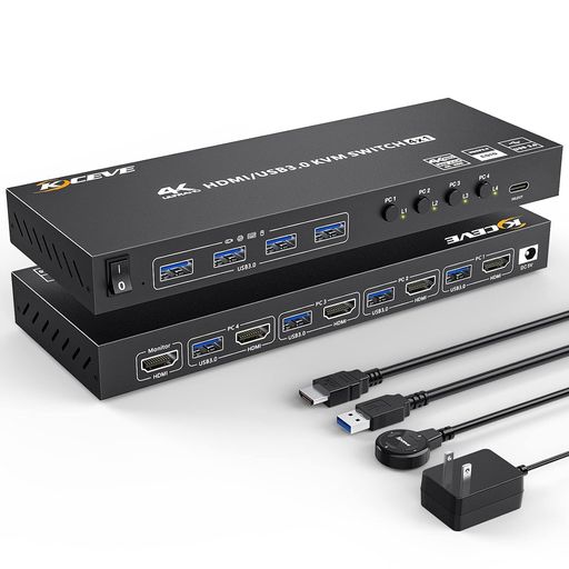 HDMI KVM切替器 4ポート、4入力1出力 PC切替器 4K@60HZ、4つUSB3.0ハブ備えたKVM HDMI 4ポートスイッチャー、EDID管理、ワイヤレスキーボード、マウスサポート