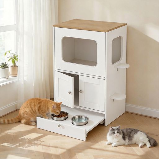 VORIN 猫キャビネット 幅55CM 木製 3段 自動給餌器対応 爪とぎ付き 白 猫ハウス コンパクト ペットハウス おしゃれ 扉付き ステップ付き ホワイト キャット 猫家具 室内用 お手入れ簡単 多用… 8,430円