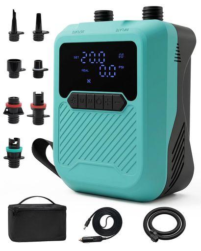 ESTGORA SUPポンプ 電動空気入れ 20PSI エアーポンプ 12V車用 360L/MINまで二段階給排気 プリセット設定可 オートオフ機能搭載 LCD数値表示 7種類ノズル付き