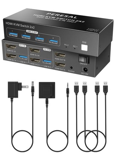 デュアルモニター HDMI KVM スイッチ、2台のコンピュータ用 4K60HZ デュアルモニター KVM スイッチ(デュアルPCまたはノートパソコン用)、4つのUSB 3.0ポートを搭載。拡張モード/コピーモード対…