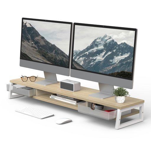 FENGE モニター台 卓上 デスクシェルフ モニタースタンド パソコン台 引き出し付き2段 木製 幅108CM PC台 机上台 デュアルモニター 台 机上ラック 卓上台 デスク周り収納 ディスプレイ (ホワ…