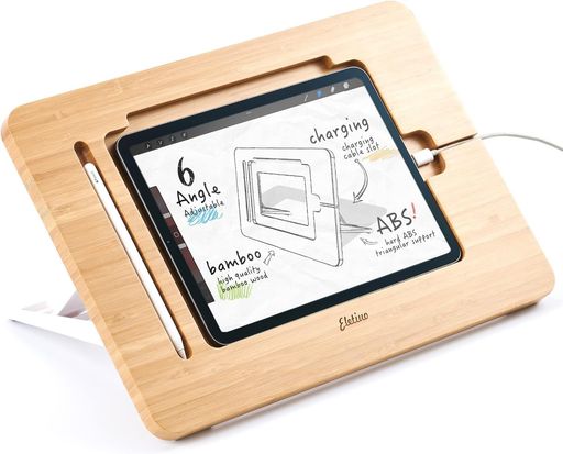 ELEKOOCON調節可能なタブレットスタンド 鉛筆&amp;充電ケーブルスロット付き アップグレードされた竹製デスクスタンド 複数の角度 オーガナイザーデスクトップホルダー ドローイング用 (9.7~11…