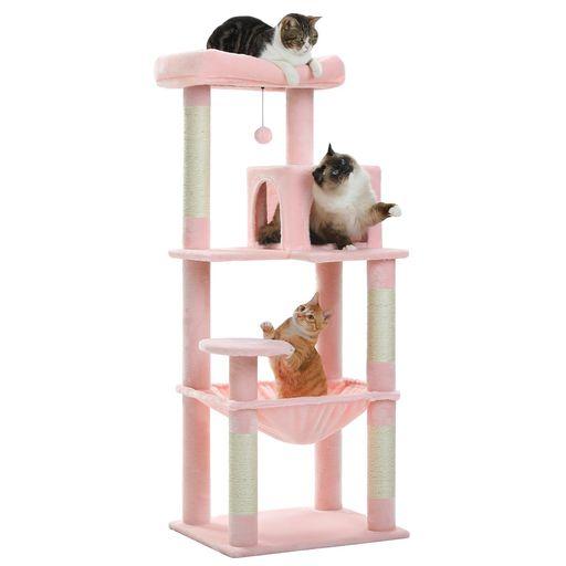 PETEPELA(ぺテぺラ) キャットタワー スリム コンパクト 大型猫 猫タワー 据え置き置き型 省スペース ハンモック 見晴台 人気 ボンボン 天然麻紐 爪とぎ シンプル 運動不足解消 多頭飼い - ピ…