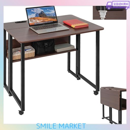 TORIBIO 折りたたみテーブル バタフライテーブル 一人暮らし ゲーミングデスク 机 折り畳み 作ロウヤ デスク 木製 工具付き 省スペース (ブラウン コンセント付き)