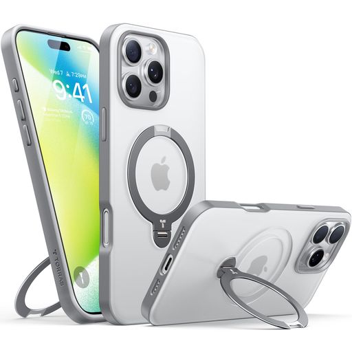 【チタングレー専用色・マット半透明】TORRAS IPHONE 16 PRO MAX 用 ケース ゼンマイ式スタンド 縦横両対応 リング マグネット搭載 MAGSAFE対応 ワイヤレス充電対応 米軍MIL規格耐衝撃 指紋防止 黄…