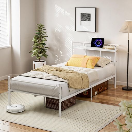 IKIFLY ベッドフレーム シングル パイプベッド 2口コンセント&USB充電付き シングルベッド スチールベッド 収納付きベッド 宮棚付き すのこベッド 棚付き 2段階 高さ調整 カビ防止 頑丈 安定…