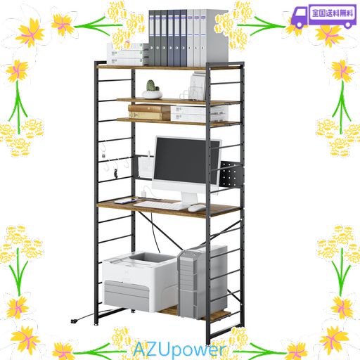 DEWEL シェルフデスク パソコンデスク 机 PC 幅84CM 有孔ボード付き 棚板高さ調節可能 コンセント付き ハイデスク 収納ラック 省スペース フック4個付き ワークデスク 一人暮らし 学習机 作…