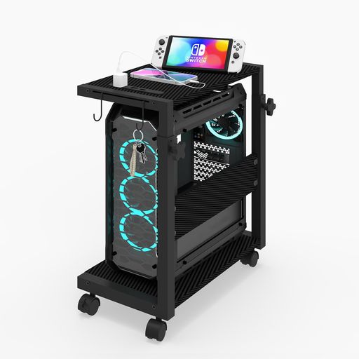 DRUVIA パソコンラック PCラック PCワゴン 昇降式 幅49×奥行29×高さ52~84CM コンセント付き キャスター付き 耐荷重は15KG 高さ調整可能 デスクサイド収納 LEDライト付き (炭素繊維ブラック)