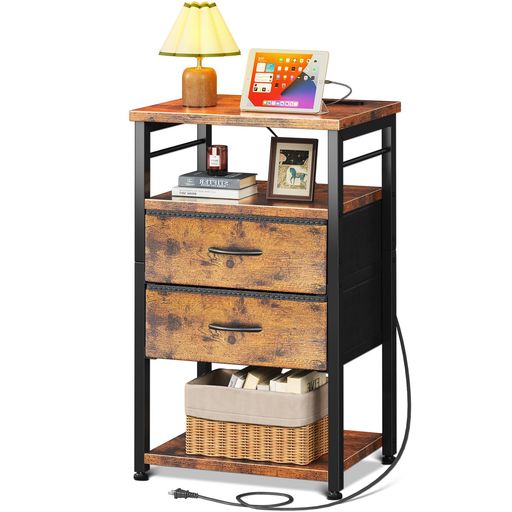 KKL サイドテーブル ナイトテーブル ベッドサイドテーブル コンセント付き 40×30×70CM 引き出し付き 収納付き ベッド横 ビンテージ