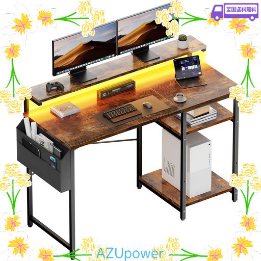 HLFURNITURE パソコンデス LEDライト付き 幅120*奥行48*高さ74CM モニタースタンドと収納バッグ付き ゲーミングデスク 机 PCデスク 棚高さ調節可能 勉強机 学習机 リモートデスク 自宅学習オフィ…