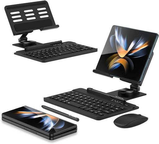 ELEKOOCON SAMSUNG GALAXY Z FOLD 6 5 4 3 スタンドとキーボードマウス用 ポータブルミニBLUETOOTHキーボード 折りたたみ式調節可能なタブレットスタンドホルダー デスク用 ワイヤレスマウスとペン付き