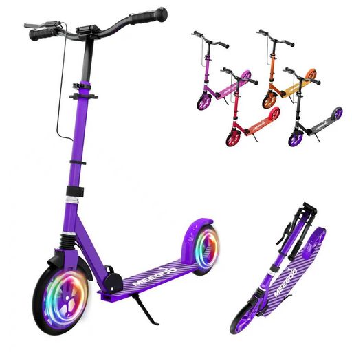 【MEE GOO 折りたたみ式 光るLEDタイヤ】キックスクーター 大人子供兼用 耐荷重100KG 8インチ ショックアブソーバー付き ハンドル高さ調整可能 デュアルブレーキ 滑り止めデッキ (パープル)