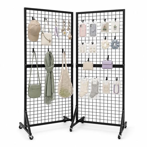 メッシュパネル 自立式 2枚セット キャスター付 高さ160CM 幅60CM 什器 折りたたみ ディスプレイ スタンド 壁面収納 ワイヤー ブラック 展示会 フリマ イベント 掲示板 パーテーション フッ… 10,953円