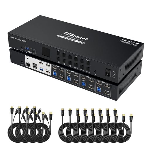 TESMART HDMI KVMスイッチ 4入力3出力 USB3.0 KVM切替器 3モニター4台パソコン EDID機能 4K@60HZ/2K@144HZ 4ポート切り替え器 マイクとオーディオ出力 マウスキーボードホットキー LANポート 充電機能
