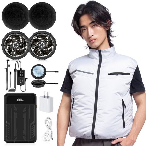 [HON&GUAN] 空調作業服 ファン付きベスト 4ファン ペルチェ素子 冷却ベスト 空調作業服 半導体冷却プレート ハイブリッド式 冷却ウェア 5段階調節 UVカット 撥水 20000MAH TYPE-C急速充電 作業用 …