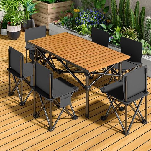 EOCCOGOLO アウトドア テーブル チェアセット 7点セット 屋外用折りたたみ椅子 【サイズ:120X55X49CM、カラー:木の色】 軽量 組立簡単 防災 アウトドア キャンプ 釣り ピクニック バーベキュー …