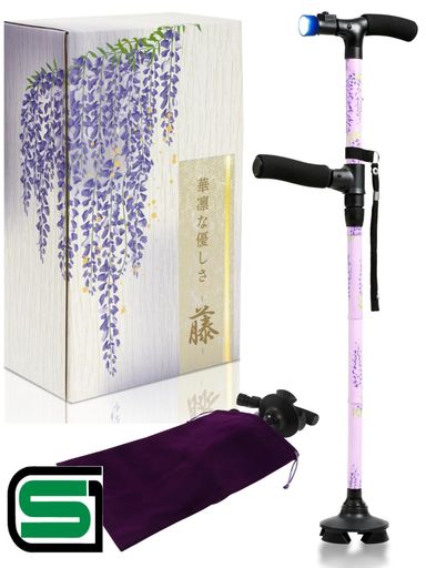 HABILIS 杖 女性用 折りたたみ杖 折り畳み つえ 4本足 4点杖 多機能ステッキ 介護 高齢者 軽量 おしゃれ 自立式 歩行補助杖 ライト SGマーク(70~80 CM (身長目安 134~160CM), 藤 -ふじ-)