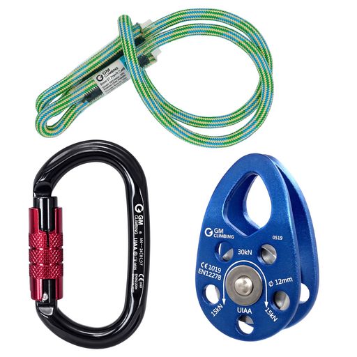 GM CLIMBING CE UIAA 認証 ヒッチ スラックテンディング プーリー キットセット 30KNマイクロプーリー ボールベアリングタイプ & 8MMプルージック & 24KN O型ロッキングカラビナ セット アーボリスト