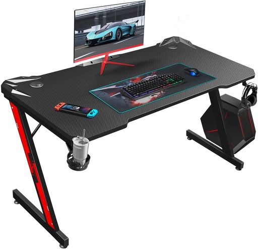 VICTONE ゲーミングデスク「メーカー2年保証」幅112CM*奥行60CM*高さ75CM パソコンデスク Z字脚 PCデスク ゲームデスク オフィスデスク 作業机 炭素繊維天板 カップホルダーとヘッドフォンフッ…