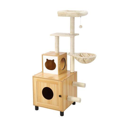 EUKER(ユーカー)キャットタワー 木製 猫トイレ収納 目隠し ハンモック付 爪とぎ 据え置き型 大型猫用 安定 多頭飼い おしゃれ ベージュ 156CM