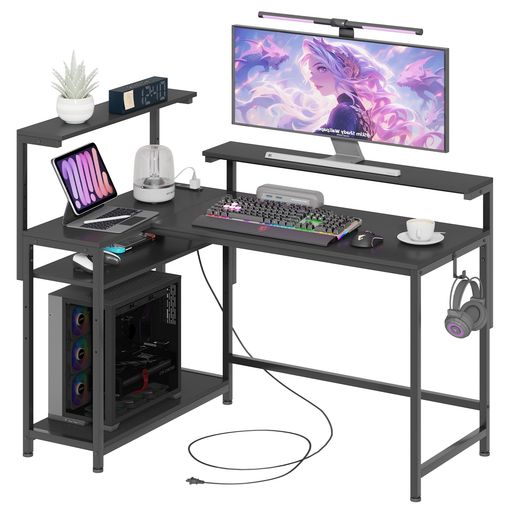 【モニター台2個付き・棚板高さ調節可能】LUNARLIGHT PCパソコンデスク 幅130奥行80高さ72CM コンセントとフック付き テレワーク