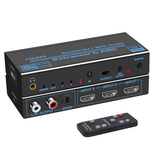 HDMI音声分離器 4K@60HZ HDR対応 HDMI2.0切替器 3入力1出力 + 音声分離(光デジタル・R/L・3.5MM音声出力)セレクター オーディオ分離機 分配器 HDCP2.2・ARC対応 HDM Iスイッチャー -取扱説明書が付属