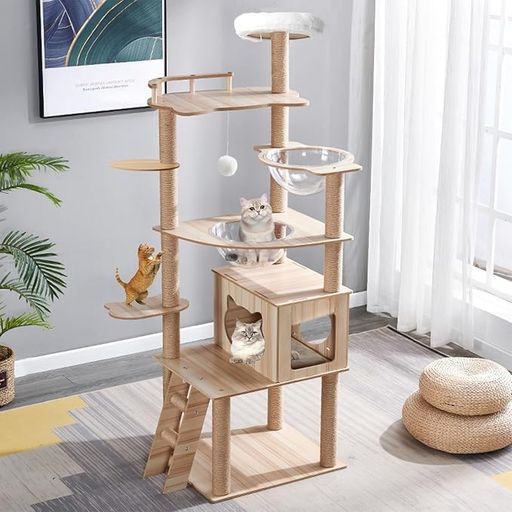 YINANROA キャットタワー 木製 スリム 宇宙船 省スペース キャットタワー スリム 安定強化構造 大型猫用 多頭飼い 猫タワー 突っ張り 据え置き型 きゃつとタワー 猫爬架 大型猫用 爪とぎ キ…